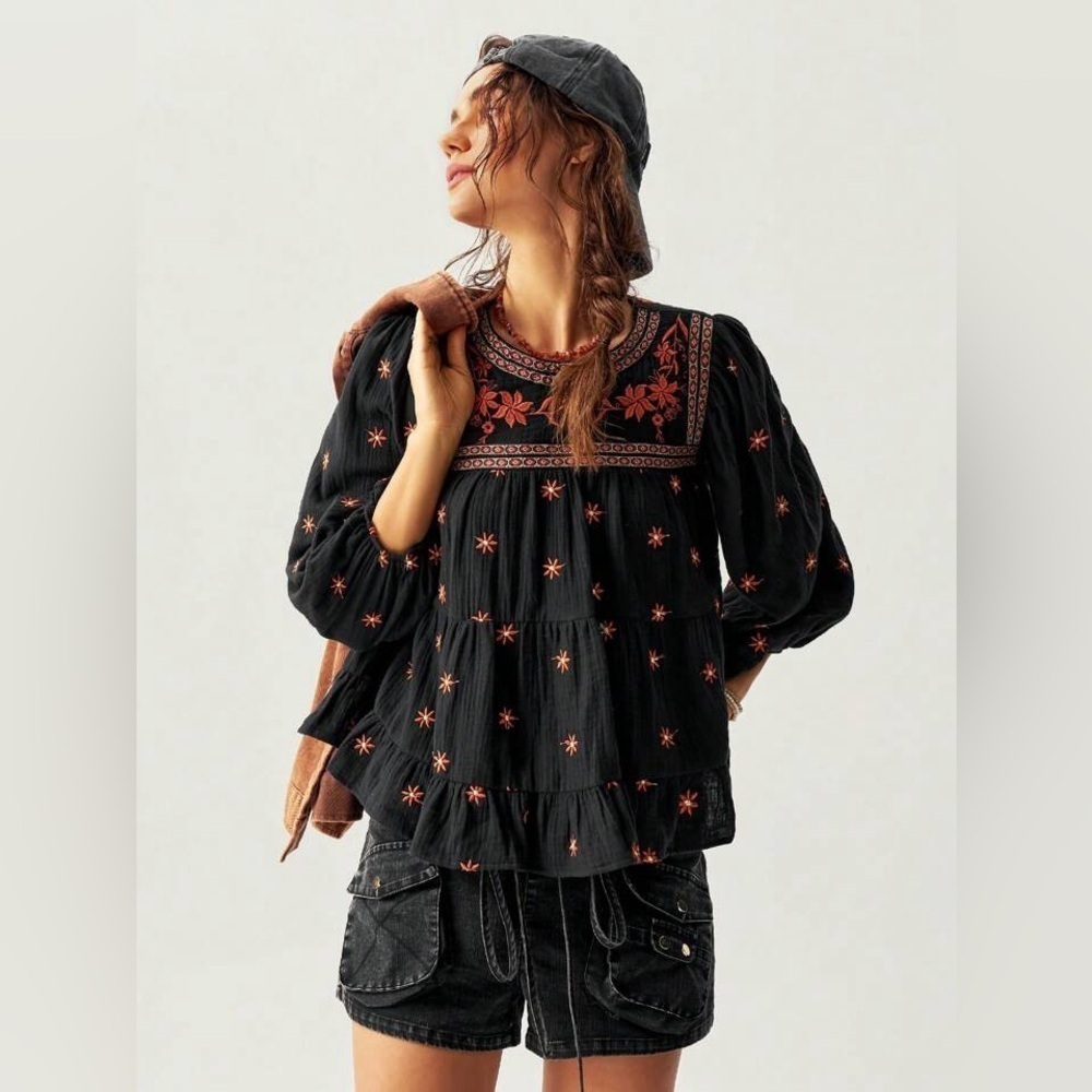 Boho Embroidered Peplum Cotton Gauze Top